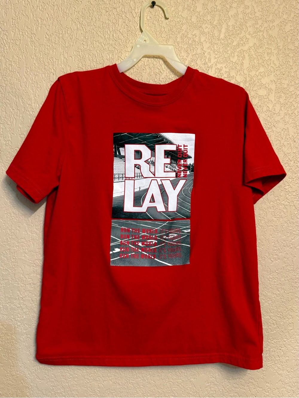Kids Red Graphic Kids T-Shirt with 'RELAY' Print